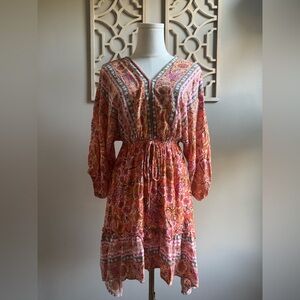 Umgee floral tangerine hi-lo mixed print midi dress.